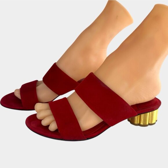 Salvatore Ferragamo Belluno Lipstick Suede Calf Flower Heel Slide Sandals US 4.5 - Picture 1 of 14